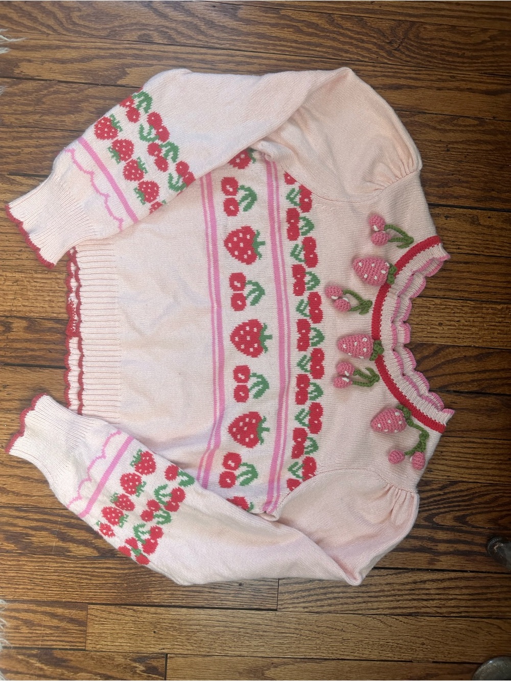 LoveShackFancy Pink Strawberry Embellished Sweater